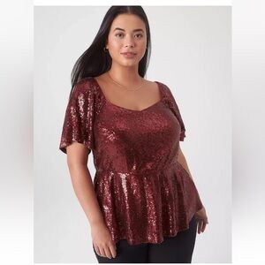 Lane Bryant Sequin Peplum Blouse Red
Flutter Sleeve Sweetheart Neck Size 20